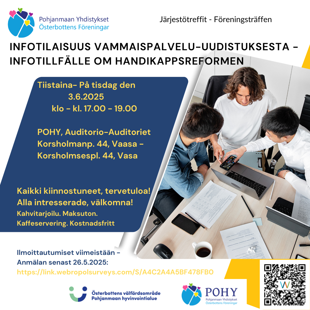 Ihmisiä yhdessä tietokoneiden ympärillä, tekstiä, ilmoittautumislinkki, QR-koodi